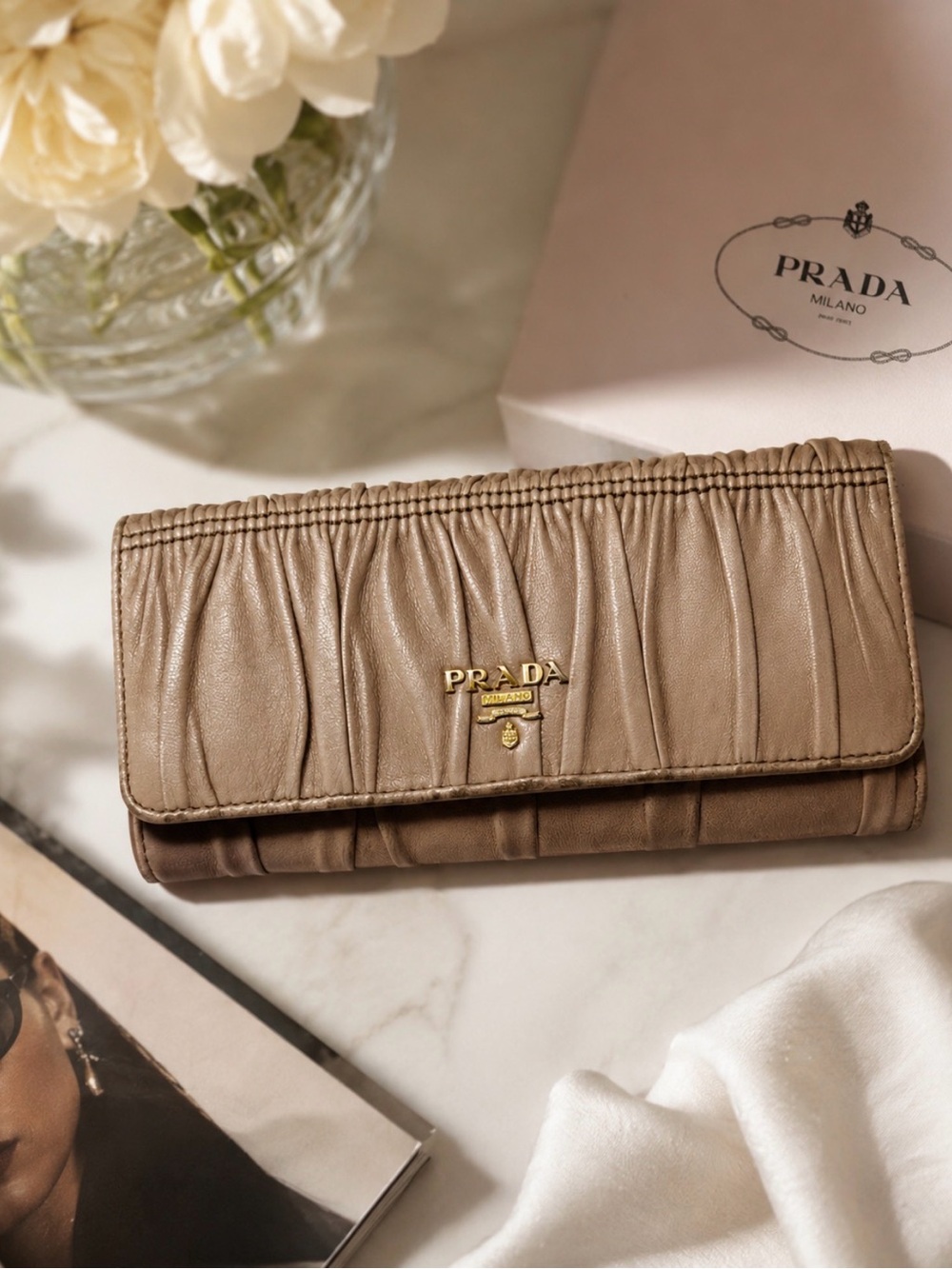 PRADA Beige Gaufre Nappa Leather Long Wallet Gold Logo Continental Wallet - Picture 1 of 16